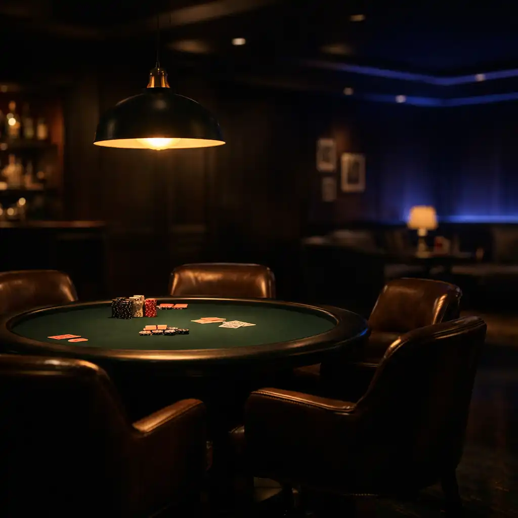 A wide interior shot of an upscale card lounge at night, featuring a single round poker table with dark green felt and four leather chairs under soft pendant lighting.
