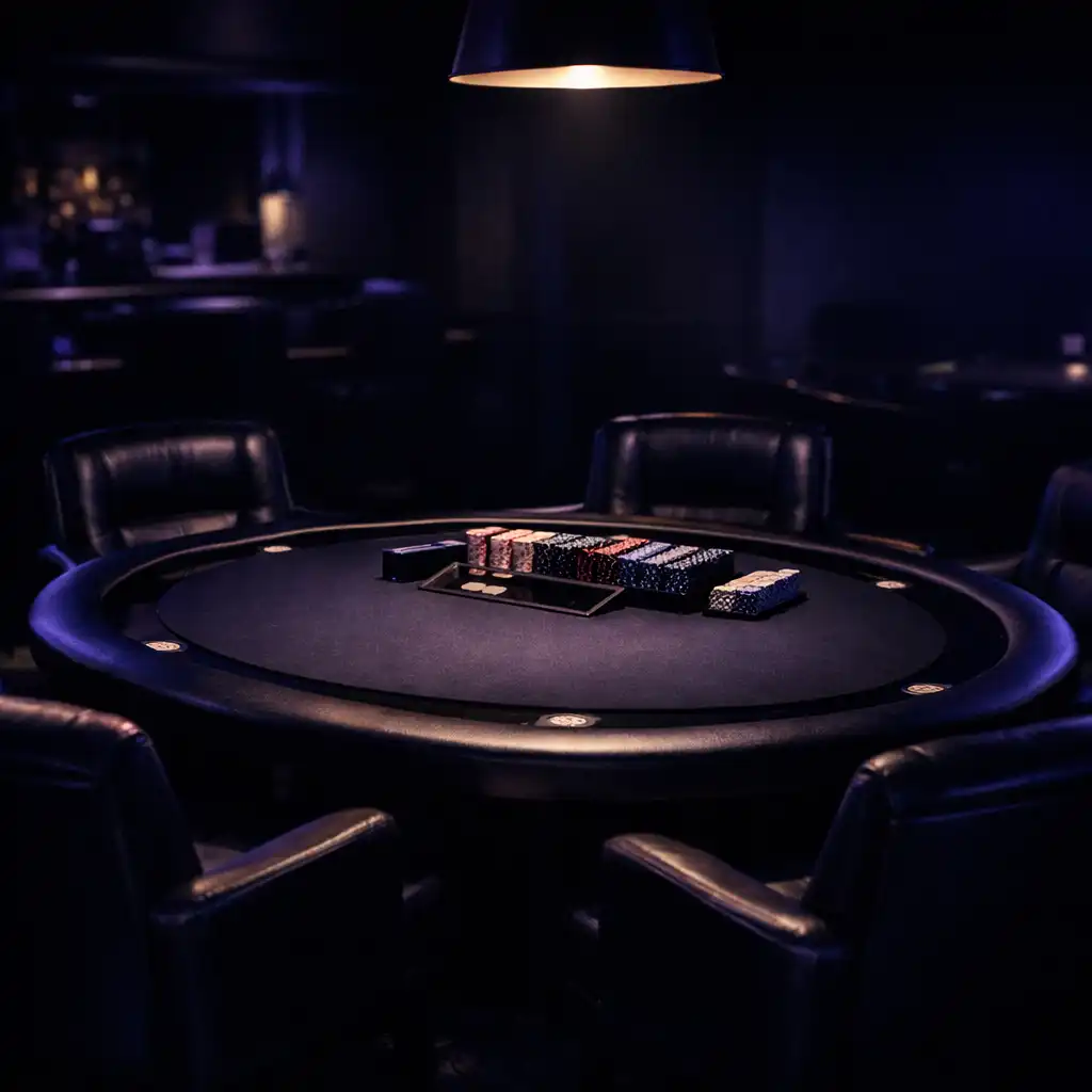 Dark card lounge with a round poker table, chip trays, and leather chairs under soft overhead lighting