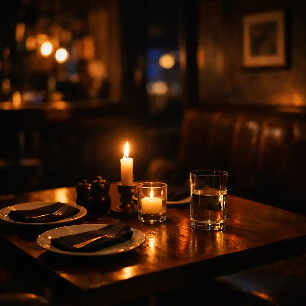 Quiet restaurant interior at night with a small dining table, low candle, and simple tableware