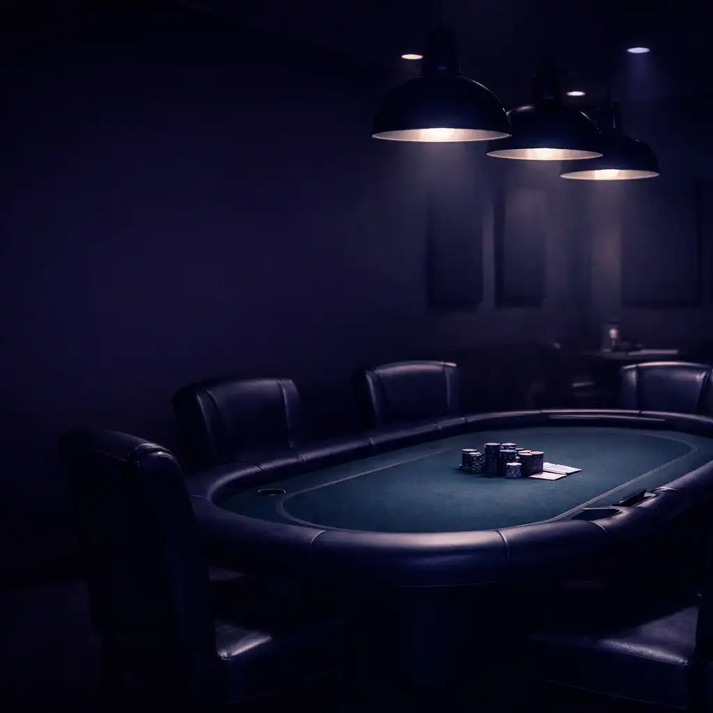 Dark, moody poker room interior with a professional table, empty leather chairs, and soft overhead lighting