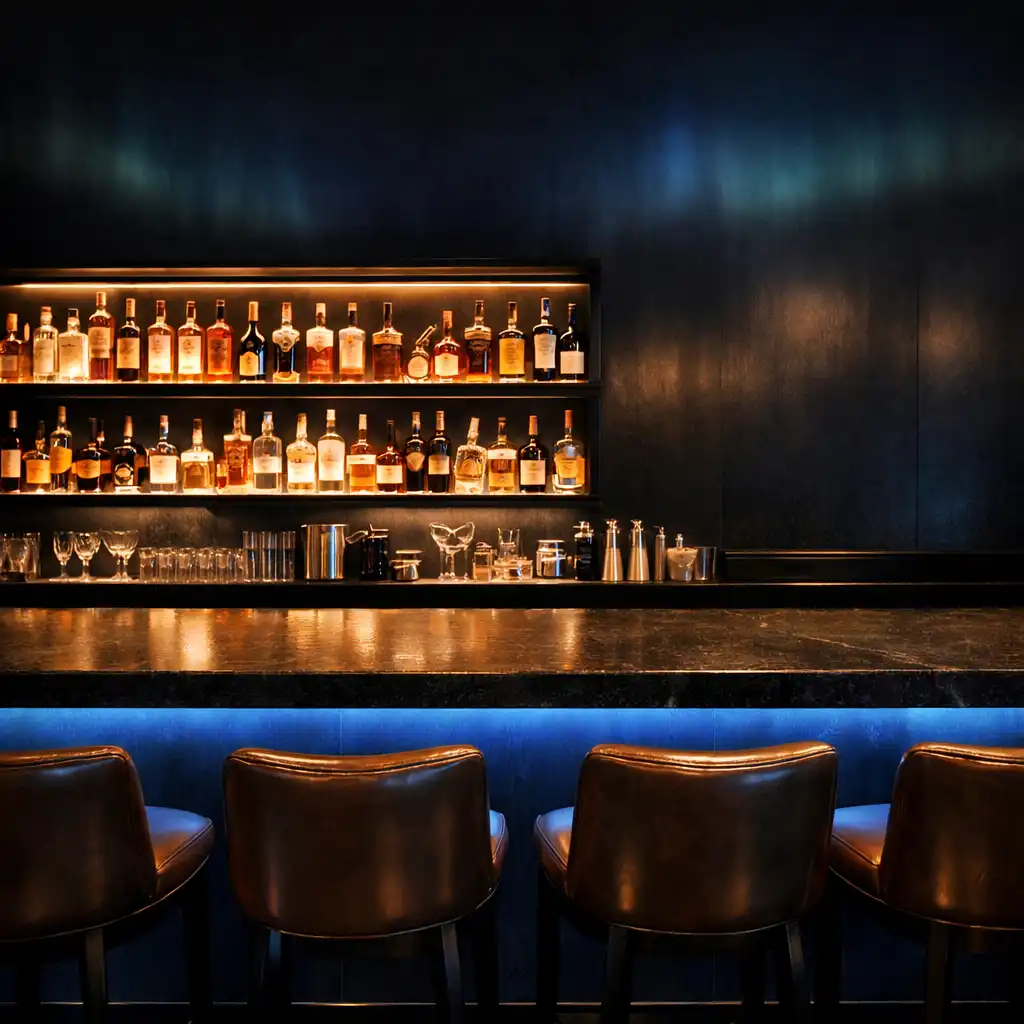 Sleek bar area with dark stone counter, backlit shelves of premium spirits, and leather bar stools