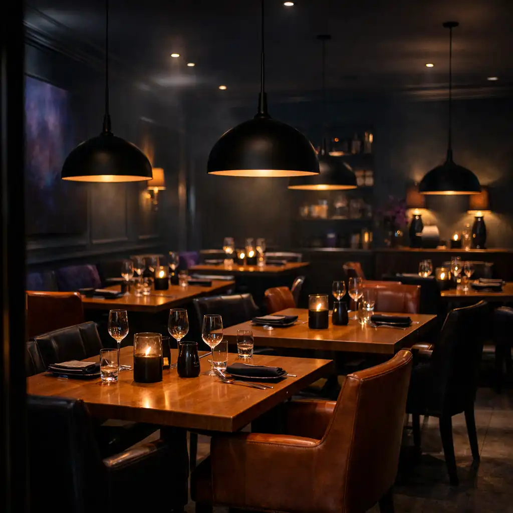Dark, elegant dining room with warm oak tables, leather chairs, and low pendant lights
