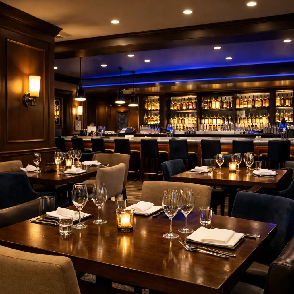Quiet, dimly lit restaurant dining room with dark wood tables and soft pendant lights